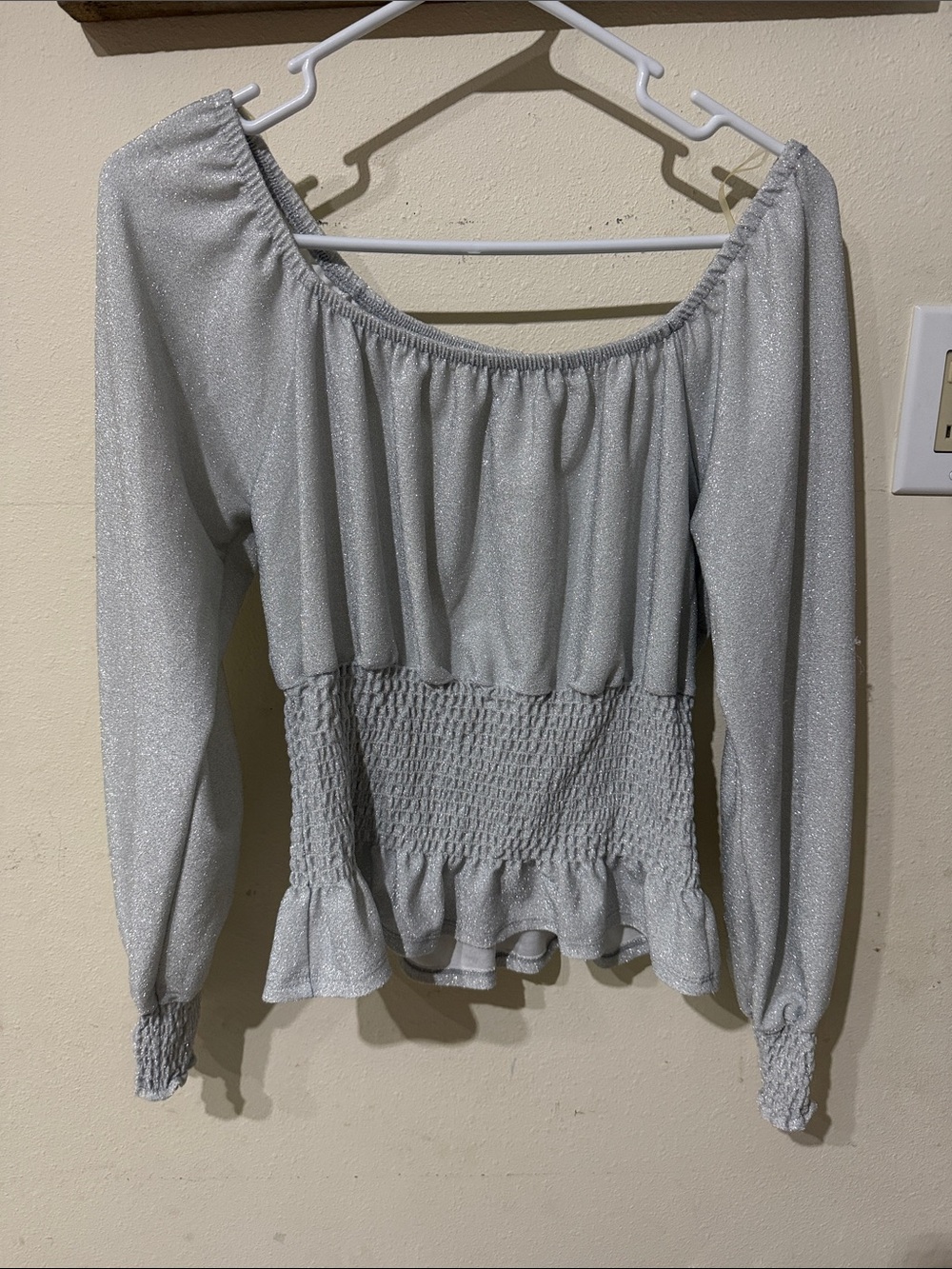 Haute Monde Silver Shimmery Off-Shoulder Smocked Peasant Top